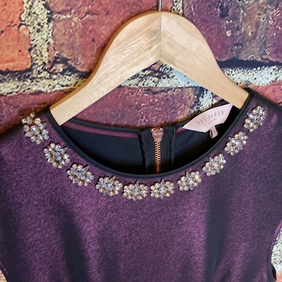 TED BAKER 0 US 2 Ayma Embellished Oxblood Metallic Fit & Flare Skater Dress Prom - Picture 5 of 12